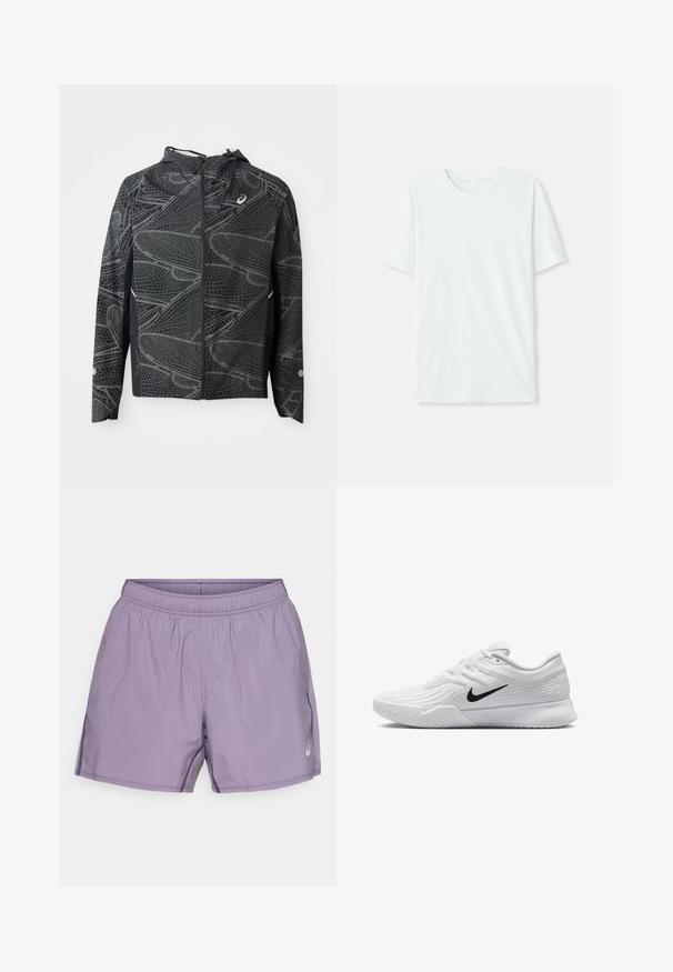 Zwarte lichtgewicht jas met een kortere silhoutte, voorzien van een gestructureerd wit grafisch patroon en een capuchon. Inclusief een ritssluiting aan de voorkant en zijzakken.; Licht mintgroen T-shirt met korte mouwen, gemaakt van zachte stof. Het heeft een ronde halslijn en een simpele, rechte snit zonder versieringen.; Paarse sportshorts met een elastische tailleband, een gladde textuur, zijzakken en een klein logoaccent.; Witte sportieve schoen met textuur in het mesh bovenwerk, zwarte Nike swoosh, gevoerde kraag en rubberen zool met een profielpatroon.