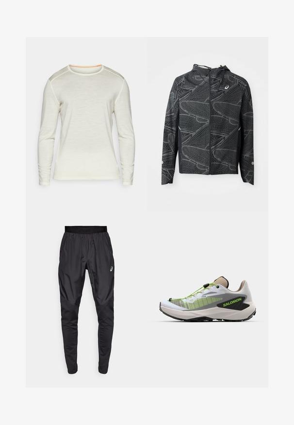Juoda lengva striukė su trumpa siluetu, turinti tekstūruotą baltą grafikos raštą ir gobtuvą. Su užtrauktuku pavyzdžiu priekyje ir šoninėmis kišenėmis.; Kreminės spalvos ilgomis rankovėmis marškiniai, turintys apvalų kaklą su oranžiniais siūlais ir lygiu paviršiumi. Paprastas dizainas be papildomų raštų.; Juodi sportiniai kelnes su elastingu juosmeniu, šoninėmis kišenėmis ir kontrastingos tekstūros panelėmis ant kojų. Asics logotipas ant klubo.; Salomon GENESIS - Bėgimo bateliai, skirti nelygiam paviršiui - white/oxford tan/green gecko