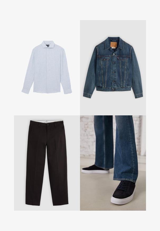 Tummansininen farkkutakki klassisella leikkauksella, nappikiinnitys, kaksi rintataskua ja erottuva ommel saumoissa.; Vaaleansininen raidallinen pitkähihaisissa napitettava paita, puuvillamateriaalia, kaulus, pystysuorat raidat ja nappikiinnitys etuosassa.; Mustat suorat chinosit vyölenkeillä, nappisuljettuna ja sivutaskuilla, esillä vaaleanharmaalla taustalla.; Tummansinisiä mokkanahkakengät, joissa on valkoinen kumipohja ja nauhat, yhdistettynä leveälahkeisiin farkkuihin, joiden sävy on keskitumma sininen.