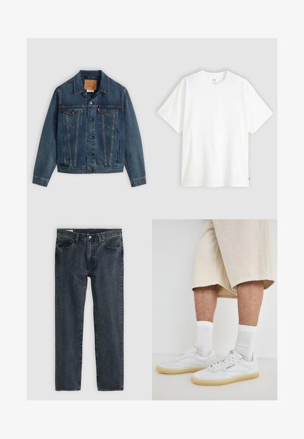Denimjakke i mørkeblå med klassisk snitt, knapplukking, to brystlommer og karakteristisk søm langs sømmene.; Hvit t-skjorte med korte ermer laget av bomull, med rund hals. Har diskret preget logo detalj foran og en rød etikett på kanten.; Mørkeblå denimjeans med rett ben-design, fem lommer og knappestang. Tøyet viser en subtil falming og tekstur.; Hvite skinningssneakers med gummisåler, med perforerte detaljer, snøring og logo på tungen. Brukt med hvite ankelsokker og beige shorts.