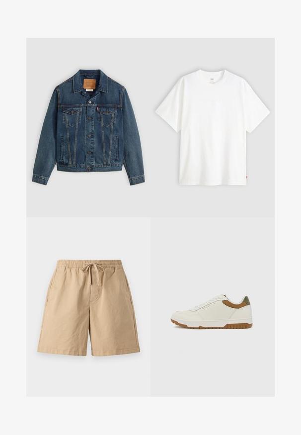 Giubbotto di jeans blu scuro con taglio classico, chiusura con bottoni, due tasche sul petto e cuciture distintive lungo le cuciture.; T-shirt bianco a maniche corte in cotone con collo rotondo. Presenta un discreto dettaglio logo in rilievo sulla parte frontale e un'etichetta rossa sull'orlo.; Shorts beige in cotone con vita elastica e cordoncino regolabile, dotati di tasche laterali e una vestibilità rilassata. Tessuto morbido, lunghi fino al ginocchio.; Tommy Hilfiger BASKET CORE - Sneakers basse - ecru/army green