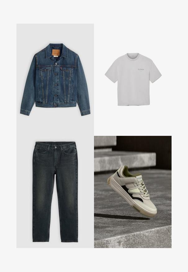 Denimjakke i mørkeblå med klassisk snitt, knapplukking, to brystlommer og karakteristisk søm langs sømmene.; Grå bomull T-skjorte med rund hals, kort ermer og en liten trykt logo på venstre bryst. Glatt tekstur, avslappet passform.; Svarte denim jeans med rett benutsnitt, fem-lommers design og subtile falmingsdetaljer. Har knappe- og glidelåsåpning.; Kremfargede lær sneakers med mørkegrønne detaljer, teksturerte paneler, svart side-stripe og en robust gummisåle, hevet over en betongoverflate.