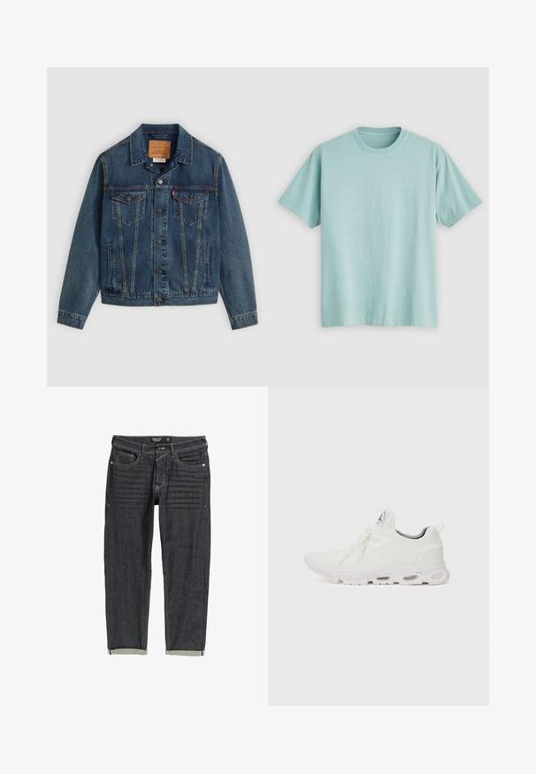 Tamsiai mėlynas džinsinis švarkas klasikiniu kirpimu, su mygtukų užsegimu, dviem krūtinės kišenėmis ir išskirtiniu siuvimo raštu palei siūles.; Šviesiai mėlynas apvalaus kaklo marškinėliai, pagaminti iš medvilnės, su trumpomis rankovėmis ir maža logotipo etikete kairėje krūtinės pusėje. Lygus paviršius.; Tamsiai mėlynos džinsinės kelnės su tiesiu kirpimu, šviesiomis siūlėmis, penkiais kišenėmis ir apvyniotais iškulniais. Textūruotas audinys.; Baltos sportinės detalės batai su tekstūruotu megztu viršumi, plokščiais raišteliais ir paminkštintu padu, kuriame matomos oro kameros papildomam palaikymui.