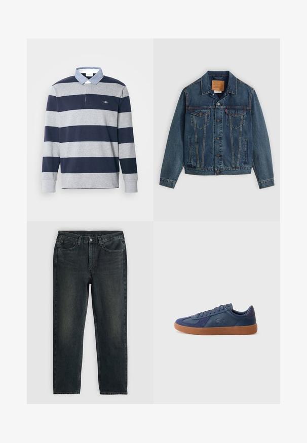Džínsová bunda v tmavomodrej farbe s klasickým strihom, zapínanie na gombíky, dve náprsné vrecká a charakteristické prešívanie pozdĺž švov.; Námornícky a šedý pruhovaný polo tričko s dlhými rukávmi a kontrastným modrým chambray golierom, s malým logom na ľavej hrudi.; Tmavomodré džínsy z denimu so strihom rovného strihu, ktoré majú päť vreciek, zips a kontrastné stehy. Na látke sú jemné ošúchané miesta.; Námorníckomodré tenisky z kože a semišu, s gumovou podrážkou, okrúhlou špičkou a šnurovaním so značkovým detailom na boku.