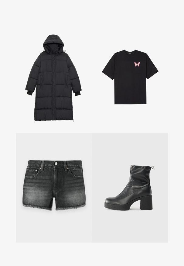 Casaco puffer longo preto acolchoado com capuz, mangas longas com punhos interiores, fecho frontal com aba e bolsos laterais.; T-shirt de algodão preto com mangas curtas, apresentando um pequeno gráfico de borboleta rosa no lado esquerdo do peito. Design de gola redonda com um corte solto.; Calções de ganga pretos com bainha desfiada, cinco bolsos e acessórios em cobre. O acabamento desbotado apresenta uma textura subtil e um design clássico.; Botas de tornozelo pretas feitas de couro liso, com fecho lateral, salto grosso texturizado e design de bico arredondado.