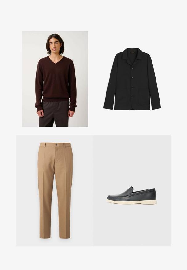Zwarte jas van gladde stof, met een kraag, knopen aan de voorkant, twee grote opgestikte zakken en lange mouwen. Eenvoudig ontwerp, semi-fitted vorm.; Bruine V-hals trui gemaakt van zacht materiaal met lange mouwen en geribbelde manchetten. Gepaard met donkere, losse broeken. Eenvoudig en strak ontwerp.; Karamelkleurige tailored broeken met een recht model, voorzien van een enkele voorplooi, een knoopsluiting en subtiele stiksels.; Zwarte leren instappers met een gestructureerde afwerking en een contrasterende beige rubberen zool. Beschikt over een subtiele accent langs de voorkant.