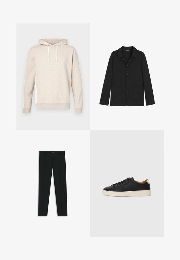 Schwarze Jacke aus glattem Material, mit Kragen, vorderen Knöpfen, zwei großen aufgesetzten Taschen und langen Ärmeln. Einfaches Design, halb-taillierte Form.; Beiger Hoodie mit dezentem geometrischem Muster, Kapuze mit Kordelzug, gerippten Bündchen und Seitenteilen. Weiche Textur, lässiges Design.; Schwarze Anzughosen mit geradem Bein, aus glattem Stoff. Mit Knopfverschluss vorne und Gürtelschlaufen. Schlicht ohne Muster.; Schwarze Ledersneaker mit glatter Textur, beiger Gummisohle, Schnürdesign und einem kontrastierenden Fersenakzent.