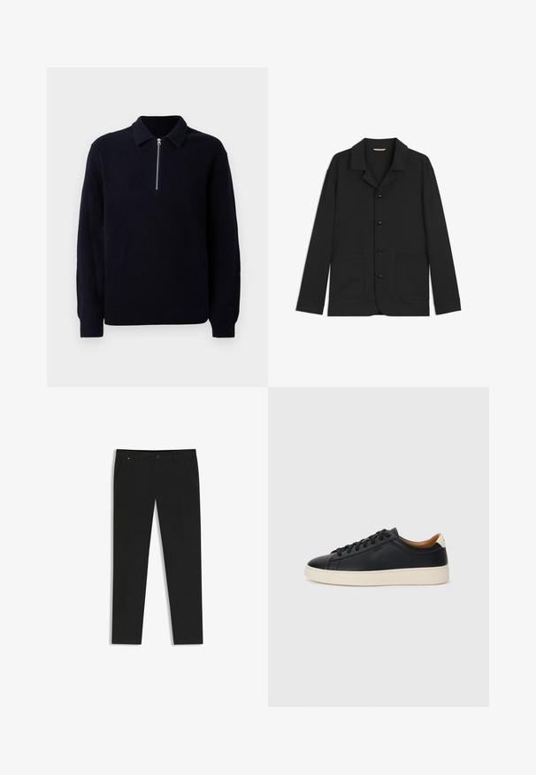 Zwarte jas van gladde stof, met een kraag, knopen aan de voorkant, twee grote opgestikte zakken en lange mouwen. Eenvoudig ontwerp, semi-fitted vorm.; Marine gebreide pullover met een rits aan de voorkant, een klassieke kraag en lange mouwen. Zachte textuur met een relaxte pasvorm.; Zwarte broeken van gladde stof, met een rechte pijpenontwerp, zijzakken, een sluiting met een knop aan de voorkant en subtiele merknnaamdetails.; Zwarte leren sneakers met een gladde textuur, beige rubberen zool, vetersluiting en een contrasterende hielaccent.