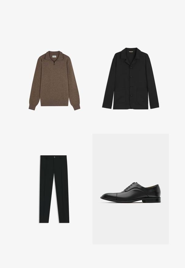 Mustapusero, joka on valmistettu sileästä kankaasta, ja jossa on kaulus, etupainikkeet, kaksi suurta läpipaskoa ja pitkät hihnat. Yksinkertainen muotoilu, puoliksi istuva malli.; Ruskea poolopaita, jossa on neljännesvetoketju, pitkät hihat, ribbireunukset hihansuissa ja helmassa, valmistettu pehmeästä, teksturoidusta kankaasta.; Musta housut, joissa on suora lahje, valmistettu sileästä kankaasta. Edessä nappisulku ja vyölenkit. Yksinkertainen ilman kuvioita.; Musta nahkakengät, jossa on sileä pinta, pyöreä kärki ja viisi reikää nauhoja varten. Ominaisuuksiin kuuluu matala pinottu korko ja hillitty saumarakenne.