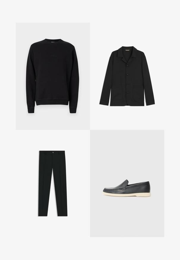 Schwarze Jacke aus glattem Material, mit Kragen, vorderen Knöpfen, zwei großen aufgesetzten Taschen und langen Ärmeln. Einfaches Design, halb-taillierte Form.; Schwarzes Rundhals-Sweatshirt aus weichem Material. Mit gerippten Bündchen und Saum, sowie einem dezenten, auf der Vorderseite eingestickten Logo.; Schwarze Anzughosen mit geradem Bein, aus glattem Stoff. Mit Knopfverschluss vorne und Gürtelschlaufen. Schlicht ohne Muster.; Schwarze Leder-Slipper mit strukturiertem Finish und einer kontrastierenden beige Gummisohle. Mit einem dezenten Akzent an der Vorderseite.