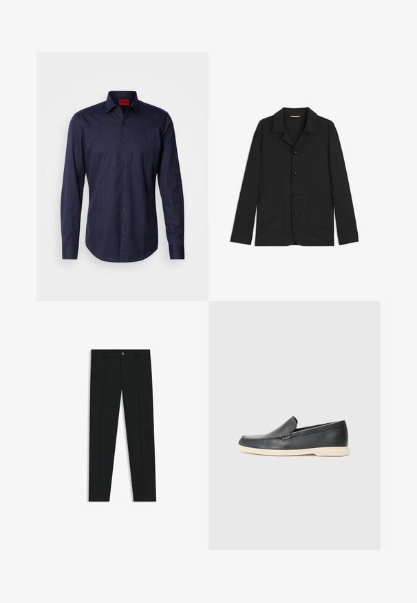 Giacca nera realizzata in tessuto liscio, con colletto, bottoni frontali, due grandi tasche applicate e maniche lunghe. Design semplice, forma semi-adatta.; Camicia blu navy a maniche lunghe con un sottile motivo a spina di pesce, colletto button-down e bottoni neri. Tessuto in misto cotone con texture morbida.; Pantaloni neri in tessuto lisci, con design a gamba dritta. Presentano una chiusura frontale con bottone e passanti per cintura. Senza fantasie.; Mocassini neri in pelle con finitura testurizzata e suola in gomma beige a contrasto. Presentano un accento sottile lungo la parte anteriore.