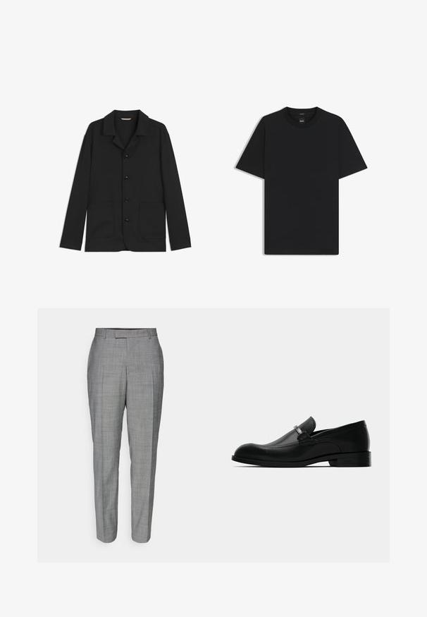 Svart jacka i slätt tyg, med krage, framskjutande knappar, två stora fickor med lappar och långa ärmar. Enkel design, semifittad form.; Svart kortärmad T-shirt i en mjuk bomullsblandning, med rundad halsringning och en minimalistisk design utan mönster eller detaljer.; Grå skräddarsydda byxor med ett subtilt rutmönster, rak skärning och slät textur samt flat front och bältesöglor.; Svart läder herresko i loafer-stil med metallspänne, låg klack och märkessula, visad från sidan på en vit bakgrund.