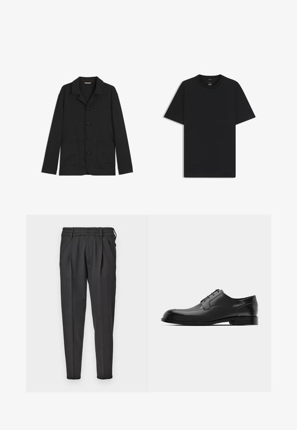 Schwarze Jacke aus glattem Material, mit Kragen, vorderen Knöpfen, zwei großen aufgesetzten Taschen und langen Ärmeln. Einfaches Design, halb-taillierte Form.; Schwarz T-Shirt mit kurzen Ärmeln aus einem glatten Baumwollmix, mit Rundhalsausschnitt und einem minimalistischen Design ohne Muster oder Akzente.; Schwarze Hosen aus glattem Stoff mit gefälteltem Vorderteil, elastischem Bund und geraden Beinen mit schmal zulaufendem Saum.; Schwarze Leder-Dressschuhe mit einer runden Zehenpartie, glatter Oberfläche, minimalen Nähten und flacher Sohle mit dezentem Branding an der Ferse.