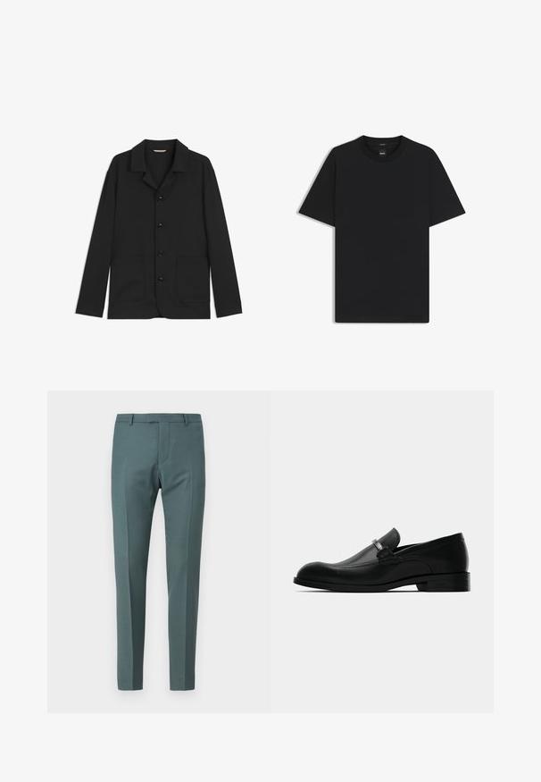 Svart jacka i slätt tyg, med krage, framskjutande knappar, två stora fickor med lappar och långa ärmar. Enkel design, semifittad form.; Svart kortärmad T-shirt i en mjuk bomullsblandning, med rundad halsringning och en minimalistisk design utan mönster eller detaljer.; skräddarsydda byxor i en mörkt teal färg, med en jämn textur, rak passform, slät front och sidfickor.; Svart läder herresko i loafer-stil med metallspänne, låg klack och märkessula, visad från sidan på en vit bakgrund.