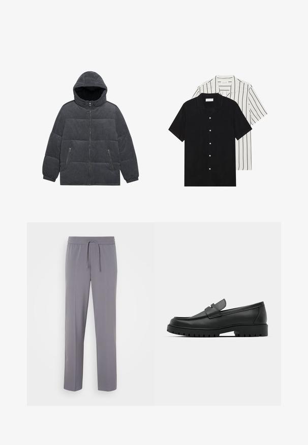 Casaco puffer cinza em corduroy com capuz, fecho de correr na frente e dois bolsos laterais. Inclui um design acolchoado e punhos elásticos.; Duas camisas de manga curta: uma preta sólida e uma branca com riscas verticais pretas. Ambas possuem fecho de botões e um colarinho clássico.; Calças cinzentas, elásticas, com frente lisa, cintura elástica e cordão, apresentando pernas retas e uma textura suave.; Sapatilhas de couro preto com bico arredondado, apresentando um design cosido, sola de plataforma baixa e um solado de borracha texturizado e com cravos.