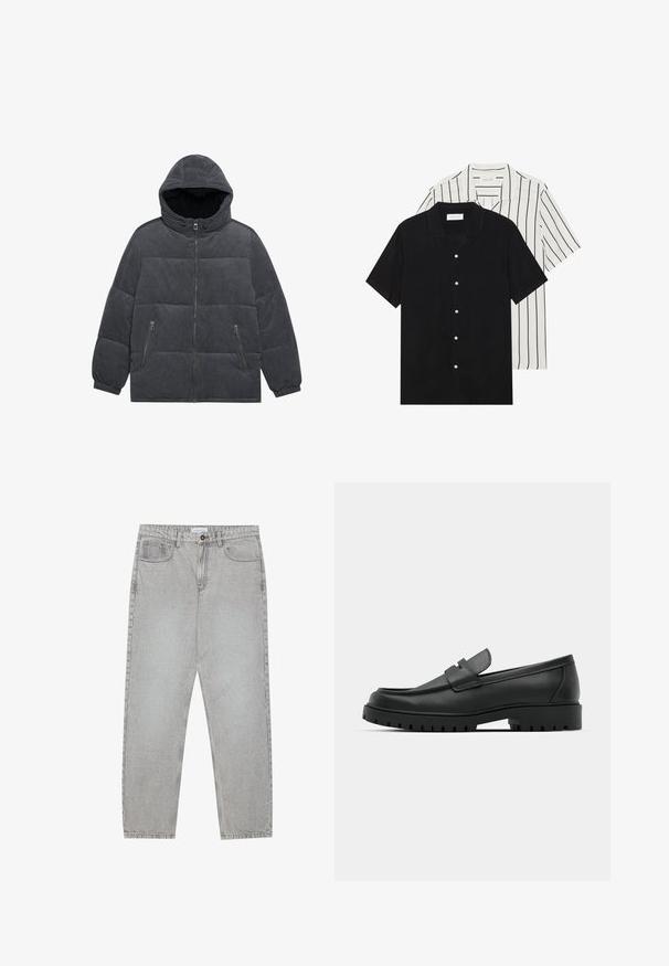 Sivi korduroj puffer jakna s kapuljačom, patentnim zatvaračem sprijeda i s dva bočna džepa. Ima kviltani dizajn i elastične manšete.; Dva kratka rukava košulje: jedna potpuno crna, a druga bijela s crnim okomitim prugama. Obje imaju dugmad i klasični ovratnik.; Svijetlosivi traper hlače s ravnim nogavicama, stilom s pet džepova i kopčanjem na gumb. Vidljivo šivenje duž šavova.; Crne kožne mokasine s zaobljenim vrhom, s ušivenim dizajnom, niskom platformom i teksturiranim, gumenim potplatom s izbočinama.