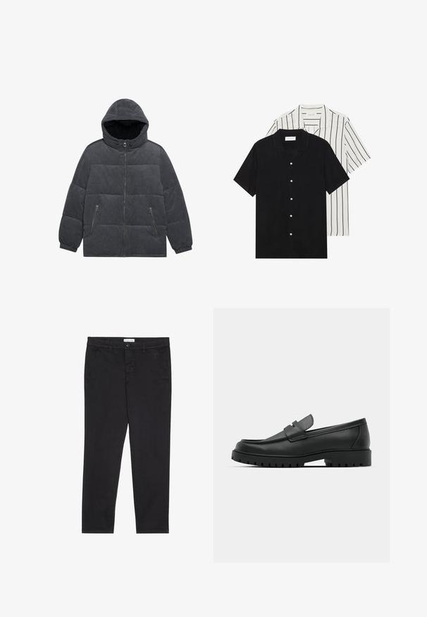 Grå velour pufferjakke med hætte, lynlåslukning foran og to sidelommer. Har et quiltet design og elastiske cuffs.; To korteærmede skjorter: en ensfarvet sort og en hvid med sorte lodrette striber. Begge har knaplukninger og en klassisk krave.; Sorte bomuldsbukser med slim fit, der har to sidelommer og en knappelukning foran. Tekstureret stof med subtil detaljer.; Sorte læder loafers med rund tå, der har et syet design, lav platformssål og en struktureret, skridsikker gummisål.