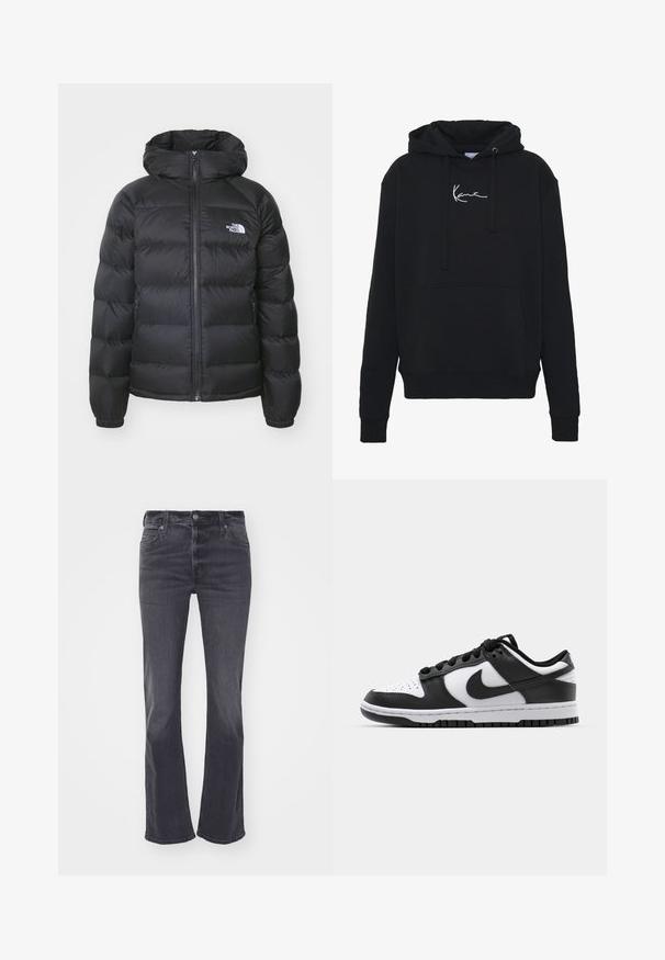 Schwarze Pufferjacke mit Kapuze, ausgestattet mit einem Reißverschluss vorne, elastischen Bündchen und einem Logo auf der linken Brust. Die gesteppte Textur verbessert die Isolierung.; Schwarzer Hoodie aus weichem Material, mit einer Fronttasche, Kordelzügen und weißer Logo-Stickerei auf der Brust. Klassische Passform und gerippte Bündchen.; Dunkelgraue, ausgestellte Jeans aus Denim mit einem klassischen Fünf-Pocket-Design, Gürtelschlaufen und einem verdeckten Reißverschluss mit Knopfverschluss.; Schwarze und weiße Nike Dunk Sneakers mit einem Obermaterial aus Leder, perforierter Zehenpartie, schwarzen Schnürsenkeln und einer schwarzen Gummisohle mit Profildesign.