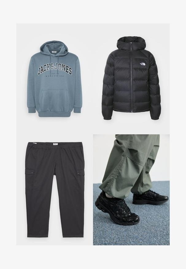 Black puffer jacket with a hood, featuring a zip front, elastic cuffs, and a logo on the left chest. Quilted texture enhances insulation.; Blue hoodie made of soft fabric featuring a front pocket, drawstring hood, and large text print that reads "JACK & JONES WORLDWIDE."; Black cargo pants with an elastic waistband, side pockets, and snap button accents. Made of lightweight, smooth fabric.; Black athletic sneakers with glossy and mesh textures, featuring a thick sole and laces, paired with loose olive-green cargo pants.