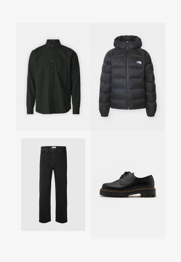 Doudoune noire avec capuche, dotée d'une fermeture éclair à l'avant, de poignets élastiques et d'un logo sur la poitrine gauche. La texture matelassée améliore l'isolation.; GAP STANDARD - Chemise - true black; Des jeans en denim noir à coupe droite disposent d'un design classique à cinq poches avec fermeture à bouton, de coutures minimales et d'une texture douce.; Chaussure en cuir noir à lacets avec un bout arrondi, semelle en caoutchouc texturée et surpiqûre jaune autour de la base. Design plat et finition lisse.