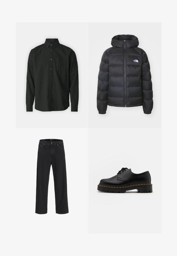 Must värv ülemineku jope kapuutsiga, millel on eeslukustamine, elastsed mansetid ja logo vasakul rinnal. Tikkimistööde struktuur parandab soojusisolatsiooni.; GAP STANDARD - Pluus - true black; Mustad sirgedega teksapüksid, millel on nööp ja lukuga sulgemine, vöökohaga silmad ning ees- ja tagataskud.; Must musta lesti kingad ümarate varvastega, tekstureeritud kummitald ja kollane õmblus aluse ääres. Lame disain ja sile viimistlus.