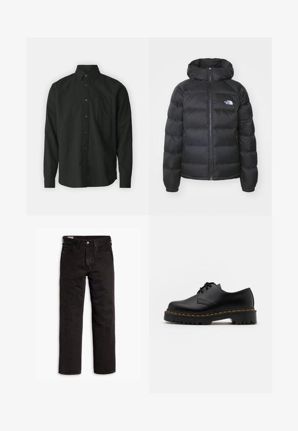 Jachetă puf neagră cu glugă, cu fermoar la față, manșete elastice și un logo pe partea stângă a pieptului. Textura matlasată îmbunătățește izolația.; GAP STANDARD - Cămașă - true black; Jeans din denim negri cu picior drept, cu cinci buzunare, închidere cu nasture și bucle pentru curea, așezați plat pe un fundal alb.; Pantof black din piele, cu sireturi, cu vârf rotund, talpă din cauciuc texturat și cusături galbene în jurul bazei. Design plat și finisaj neted.