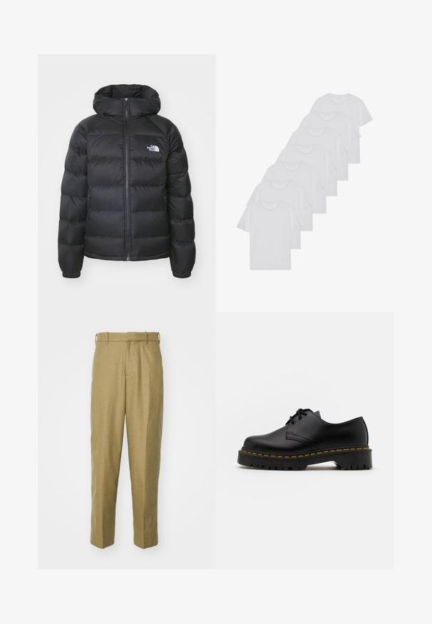 Czarna kurtka puchowa z kapturem, z zamkiem z przodu, elastycznymi mankietami i logo na lewej piersi. Pikowana tekstura poprawia izolację.; Białe bawełniane koszulki, krótki rękaw, design z okrągłym dekoltem, gładka faktura, ułożone w rzędzie, z subtelnym logo przy dekolcie.; Beżowe spodnie wykonane z fakturowanej tkaniny, z prostym krojem nogawek, szlufkami na pasek i plisami z przodu.; Czarne skórzane buty na sznurówki z zaokrąglonym noskiem, teksturowaną gumową podeszwą i żółtym przeszyciem wokół podstawy. Płaski design i gładkie wykończenie.