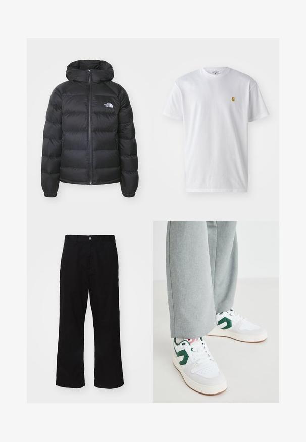 Schwarze Pufferjacke mit Kapuze, ausgestattet mit einem Reißverschluss vorne, elastischen Bündchen und einem Logo auf der linken Brust. Die gesteppte Textur verbessert die Isolierung.; Weißes Baumwoll-T-Shirt mit kurzen Ärmeln, Rundhalsausschnitt, mit einem kleinen goldenen Logo im linken Brustbereich. Weicher Stoff und normale Passform.; Schwarze weit geschnittene Hosen aus Baumwollmischgewebe, mit einem Knopfverschluss und geradem Schnitt, der nur minimale sichtbare Nähte aufweist.; Weiße und grüne Sneakers aus glattem Leder und Wildleder, mit einem auffälligen grünen Logo-Akzent und weißen Schnürsenkeln. Graue Hosen sind teilweise sichtbar.