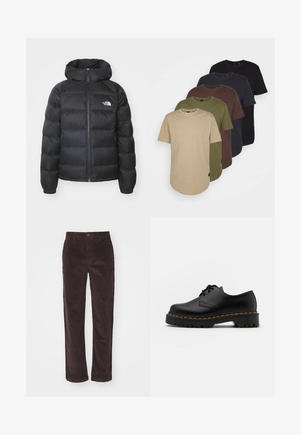 Black puffer jacket with a hood, featuring a zip front, elastic cuffs, and a logo on the left chest. Quilted texture enhances insulation.; Five t-shirts arranged in gradient colors: beige, olive, brown, dark blue, and black. Made of soft cotton with short sleeves and round neck.; Brown corduroy pants with a straight cut, featuring a button closure and rolled cuffs, showcasing vertical ribbed texture.; Black leather lace-up shoe with a rounded toe, textured rubber sole, and yellow stitching around the base. Flat design and smooth finish.