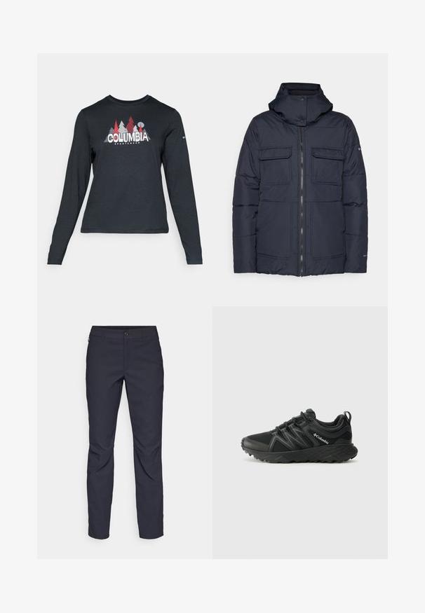 Marineblauer Pufferjacke mit Kapuze, ausgestattet mit einem Reißverschluss vorne, zwei Brusttaschen und einem gesteppten Design. Hergestellt aus einem strukturierten, synthetischen Material.; Dunkelgraues Langarmshirt mit einem Grafikdesign von roten Bäumen und Bergen; das "COLUMBIA"-Logo in fett weißer Schrift. Weicher Stoff, klassischer Rundhalsausschnitt.; Marineblaue Hose aus glattem Stoff mit einem vorderen Knopfverschluss, schlankem Schnitt und gefalteten Details an den Knien.; Columbia PEAKFREAK - Hikingschuh - black