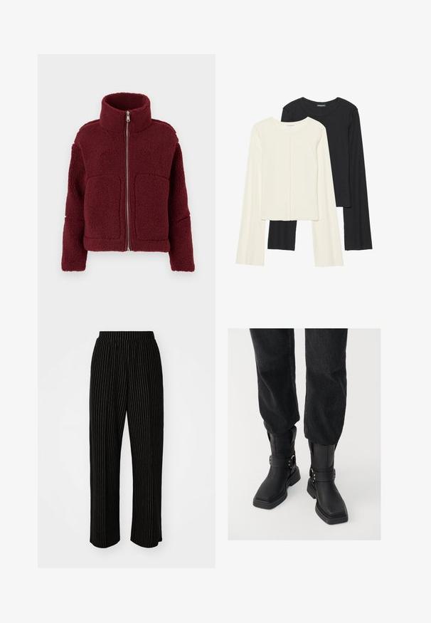 Maroon fleece jacket with high collar, front zipper, long sleeves, and two large front pockets, displayed on a plain background.; Set of two long-sleeve tops in white and black. Ribbed texture, round neck, fitted design with slightly flared sleeves.; Black, wide-leg pants with white vertical pinstripes, featuring an elastic waistband for comfort and a smooth, soft texture.; Black leather ankle boots with a square toe, featuring a wide strap and metal buckle detail. The boots have a chunky sole and smooth texture.