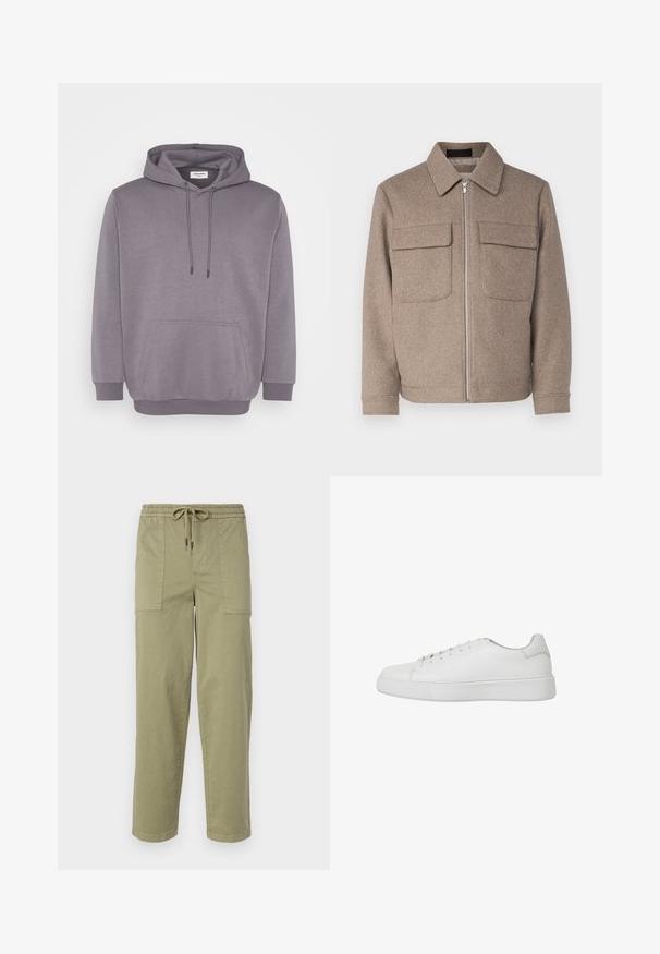 Brun uldjakke med klassisk krave, frontlynlås og to brystlommer. Har et struktureret stof og en tætsiddende silhuet.; Grå hættejakke med snoretræk i hætten, frontlomme, ribbede manchetter og kant. Lavet af blødt bomuldsblandingsmateriale med en glat tekstur.; Lys olivengrønne bukser lavet af en bomuldsblanding, med elastisk talje med snor og to store sidelommer.; Hvide sneakers lavet af glat læder med afrundet tå, syede detaljer og flad gummisål. Minimalistisk design med snørebånd.
