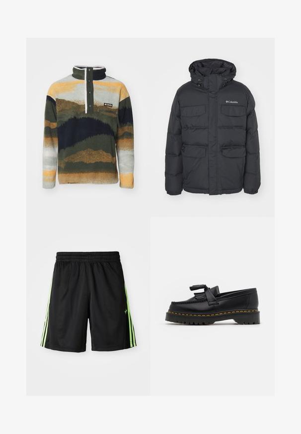 Casaco preto acolchoado com capuz, dois bolsos no peito e bolsos laterais com fecho éclair. Apresenta fecho frontal com zíper e punhos elásticos.; Columbia HELVETIA - Camisola de lã polar - greenscape; Calções de atletismo pretos com cintura elástica, featuring duas riscas verticais em verde néon de cada lado e um pequeno logotipo na parte frontal esquerda.; Mocassim de couro preto com um detalhe de franjas, apresentando uma sola preta robusta e costura amarela ao longo da borda. Acabamento texturizado.