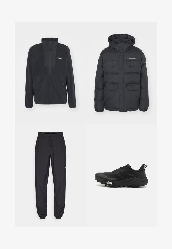 Casaco preto acolchoado com capuz, dois bolsos no peito e bolsos laterais com fecho éclair. Apresenta fecho frontal com zíper e punhos elásticos.; Pullover de felpa preta com colarinho de meio zip, dois bolsos laterais com zip e um logótipo no peito. Apresenta uma textura suave e mangas ajustadas.; Calças atléticas pretas feitas de tecido leve, com um cós ajustável por cordão, bolsos laterais e punhos afunilados nos tornozelos.; Sapatilha de trail running preta com um upper texturizado, sola de borracha e biqueira reforçada. Possui um colarinho acolchoado e uma alça para facilitar o calçar.