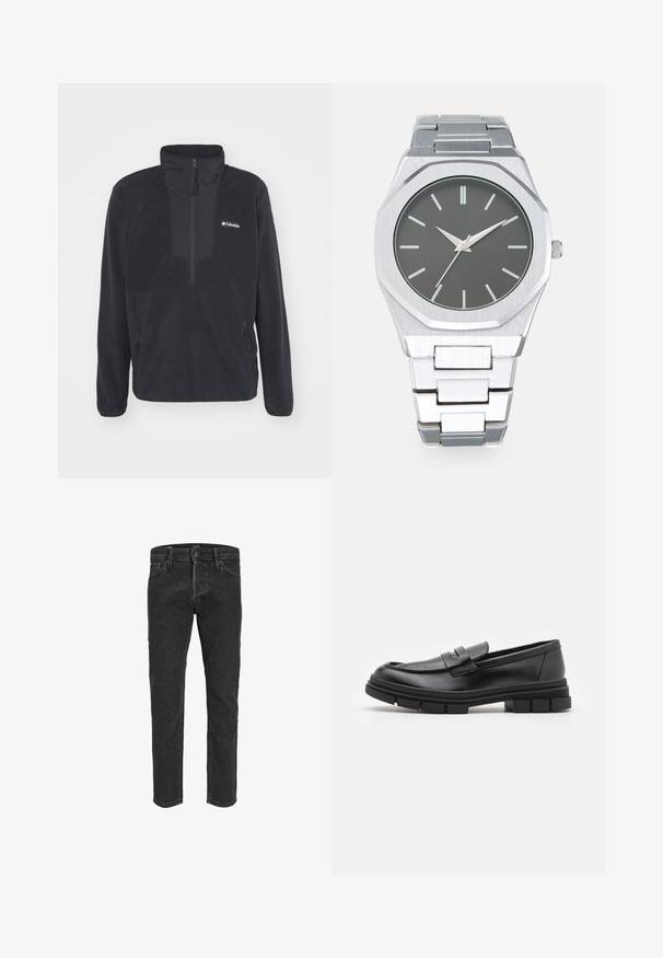 Puffy black jacket with a hood, two chest pockets, and zippered side pockets. Features front zip closure and elastic cuffs.; Black fleece pullover with a half-zip collar, two side zip pockets, and a logo on the chest. Features a smooth texture and fitted sleeves.; Black denim jeans with a straight leg design, five pockets, and belt loops, featuring a slightly faded texture and contrast stitching.; Black leather loafers with a smooth finish, featuring a front strap detail and a chunky rubber sole with grooved accents.; Silver analog watch with an octagonal case, gray dial, silver hour markers, and a stainless steel link bracelet. Minimalist design with smooth texture.