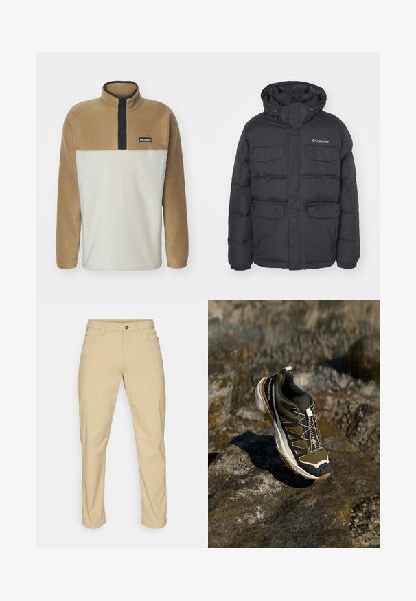 Chaqueta negra acolchada con capucha, dos bolsillos en el pecho y bolsillos laterales con cremallera. Cuenta con cierre frontal de cremallera y puños elásticos.; Columbia STEENS MOUNTAIN™ HALF SNAP - Suéter de forro polar - dark stone/delta/black; Camiseta de algodón blanca de manga corta, con cuello redondo y un pequeño logotipo negro de Columbia en el lado izquierdo del pecho. Diseño suave y sencillo.; Patagonia QUANDARY PANTS - Pantalones montañeros largos - classic tan; Zapato de senderismo en verde oliva y negro con toques de rosa. Cuenta con una parte superior texturizada, suela flexible, capuchón de punta reforzado y un sistema de cordones colorido.