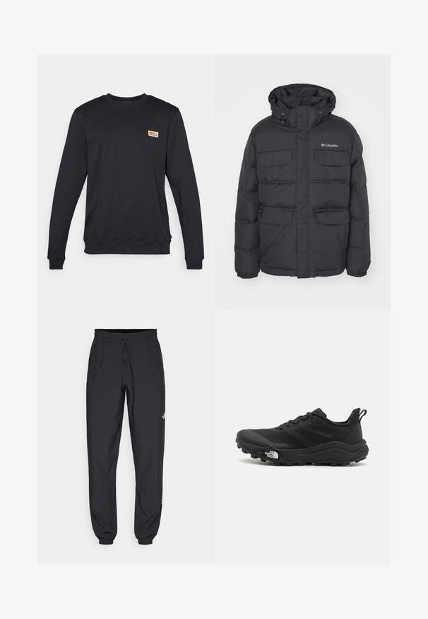 Paksu musta takki hupulla, kahdella rintataskulla ja vetoketjullisilla sivutaskuilla. Ominaisuuksiin kuuluu etuvetoketjusuljenta ja joustavat hihansuukkeet.; Musta crew neck -huppari pitkillä hihoilla, valmistettu pehmeästä materiaalista. Ylävasemmassa rinnassa on pieni, värikäs logo.; Mustat urheiluhousut, jotka on valmistettu kevyestä kankaasta. Housuissa on naru vyötäröllä, sivutaskut ja kapenevat hihnat nilkoissa.; Musta maastojuoksukengät, joissa on teksturoitu päällinen, kumipohja ja vahvistettu varvastoppia. Varusteena pehmustettu nilkkakappale ja vetotappi helppoa pukemista varten.