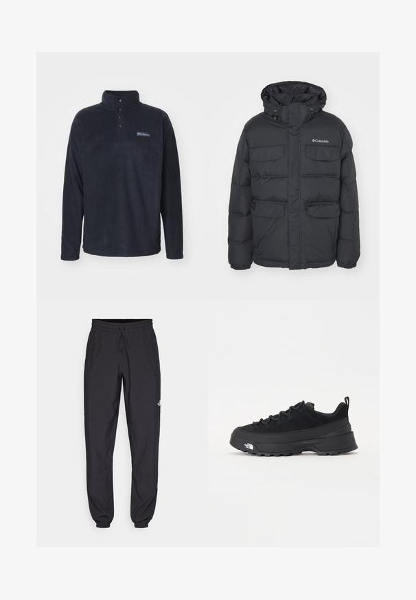 Paks musta jakk, millel on kapuuts, kaks rinna taskut ja lukuga küljetaskud. Omab ees lukulukk ja elastseid mansette.; Columbia STEENS MOUNTAIN™ HALF SNAP - Fliisdžemper - black; Mustavad sportlikud püksid, mis on valmistatud kergest kangast, joonlauaga taljest, küljetaskudega ja kitsenevate varrukatega pahkluude juures.; Must musta jalats, millel on sametised ülemused, tekstuuriga kummist põhi ja vastupidav sidumise süsteem. Omab tugevdust kannaosas ja brändi logo küljes.