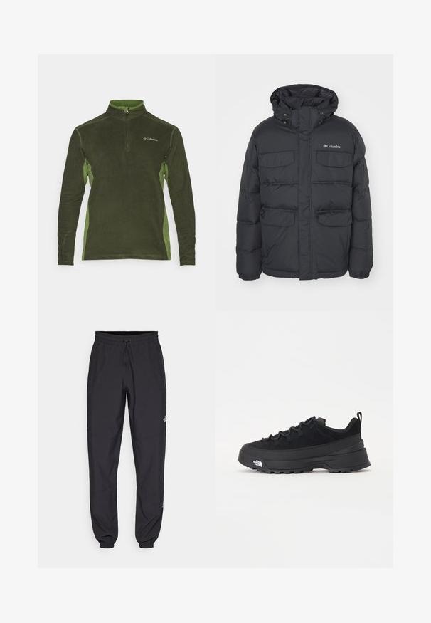 Flauschige schwarze Jacke mit Kapuze, zwei Brusttaschen und seitlichen Taschen mit Reißverschluss. Verfügt über einen Reißverschlussverschluss vorne und elastische Bündchen.; Grüner Fleece-Pullover mit Reißverschlusskragen, der dunklere grüne Seitenpaneele und ein Logo auf der Brust aufweist. Weiche Textur und lange Ärmel.; Schwarze Sporthosen aus leichtem Stoff, mit einem Kordelzugbund, seitlichen Taschen und schmal zulaufenden Bündchen an den Knöcheln.; Schwarzer Outdoorsneaker mit einem Obermaterial aus Wildleder, strukturierter Gummisohle und robustem Schnürsystem. Verfügt über eine verstärkte Ferse und das Markenlogo an der Seite.