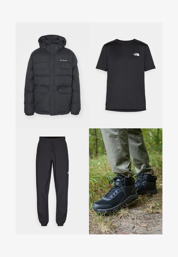 Chaqueta negra acolchada con capucha, dos bolsillos en el pecho y bolsillos laterales con cremallera. Cuenta con cierre frontal de cremallera y puños elásticos.; Camiseta negra de manga corta hecha de tejido ligero. Presenta un pequeño logo blanco en el lado izquierdo del pecho y sutiles acentos en los hombros.; Pantalones deportivos negros hechos de un tejido ligero, con una cinturilla ajustable, bolsillos laterales y puños ajustados en los tobillos.; Botas de senderismo negras hechas de material sintético, con detalles de malla, suelas de goma resistentes y cordones ajustables, situadas en un terreno cubierto de hierba.