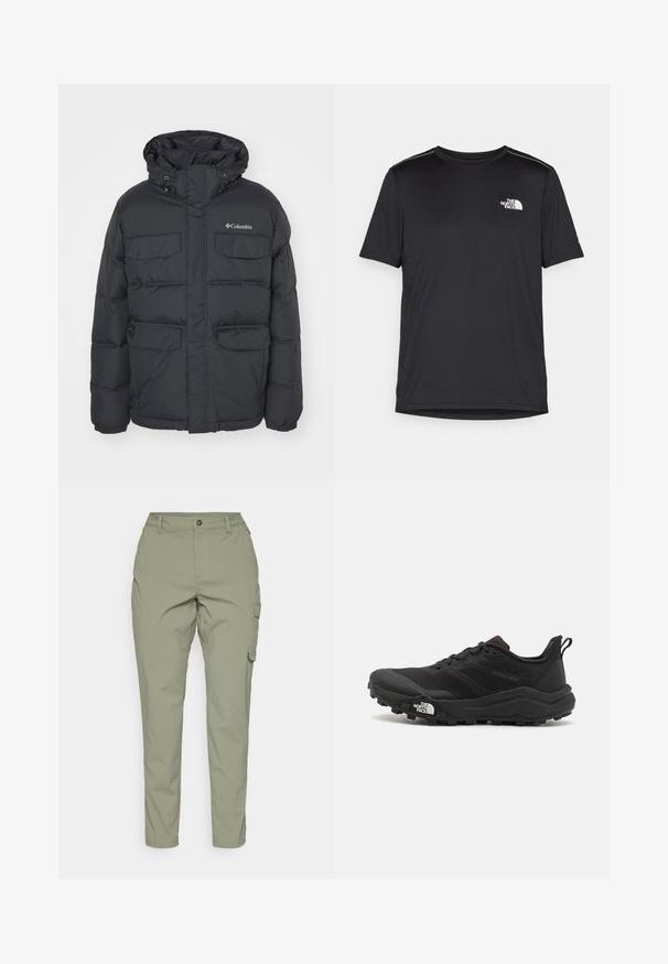 Puffy svart jakke med hette, to brystlommer og glidelåslommer på sidene. Har frontglidelås og elastiske mansjetter.; Svart kortermet T-skjorte laget av lett materiale. Har en liten hvit logo på venstre bryst og subtile skulderdetaljer.; Lys olivengrøn cargo bukser med rett ben design, front knaplukning og sidelommer for funksjonalitet. Glatt, slitesterkt stoff.; Svart terrengløpesko med teksturert overdel, gummisåle og forsterket tåhette. Har polstret krage og løftestropp for enkel påkledning.