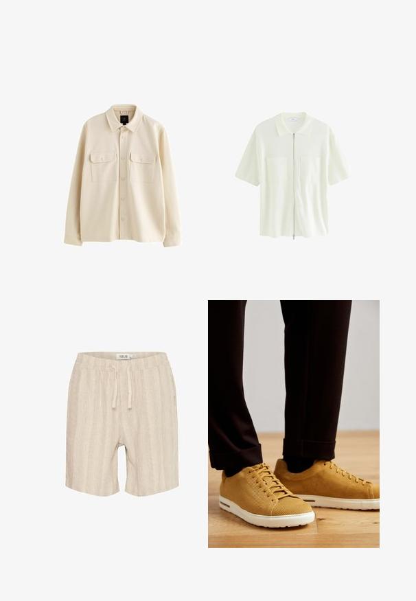 Beige blouse met knopen, gemaakt van zachte stof, met een kraag, twee borstzakken met kleppen en lange mouwen.; Korte mouw, witte ritshemd gemaakt van textuurstof, met een kraag en twee voorzakken met vierkante flappen.; Beige katoenen shorts met verticale streepjes, elastische tailleband, trekkoord en zijzakken. Zachte textuur en casual ontwerp.; Geel geribbelde sneakers met witte zolen, met een ronde neus, vetersluiting en een gestructureerd oppervlak, gedragen met zwarte omgeslagen broek op houten vloer.