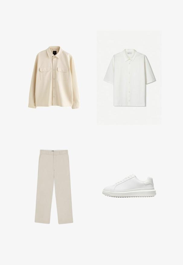 Bež srajca s tlačenjem, izdelana iz mehkega materiala, z ovratnikom, dvema žepoma na prsih s pokrovčki in dolgimi rokavi.; Bela kratka majica s kratkimi rokavi, izdelana iz teksturirane tkanine. Ponuja ovratnik in gumbe spredaj. Enostaven, čist dizajn.; Bež hlače širokih nogavic z gladko teksturo, ki imajo zanko za pas, dve sprednji žepu in zadrgo. Minimalističen dizajn.; Beli copati z gladkim sintetičnim zgornjim delom, okroglo konico, ravnim vezalkami, teksturiranim podplatom in slojevito platformo za dodatno višino.