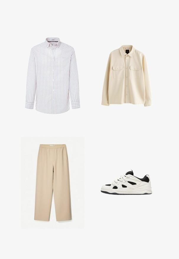 Beige blouse met knopen, gemaakt van zachte stof, met een kraag, twee borstzakken met kleppen en lange mouwen.; Witte lange mouw shirt met een ruitpatroon in rood en blauw. Button-down kraag, voorkant met knoopsluiting en geknoopte manchetten.; Beige wijde broek met een elastische tailleband, gemaakt van zachte stof, met een gladde textuur en minimale stikdetails.; Witte en zwarte sportschoenen met een gestructureerde zool, voorzien van uitsnijdingen aan de zijkanten en veters, en een gevoerde achterkant voor ondersteuning.