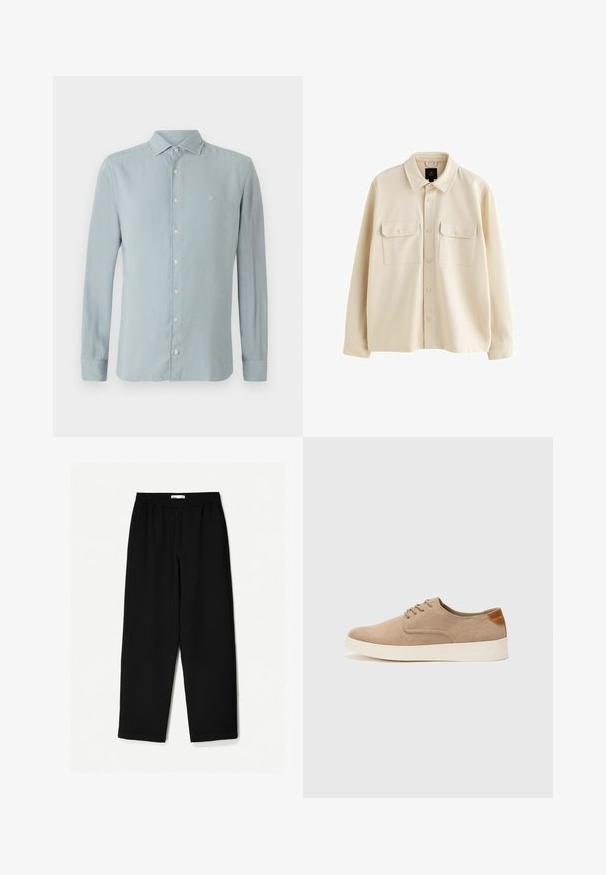 Béžová košile na knoflíky vyrobená z měkkého materiálu, s límečkem, dvěma náprsními kapsami s klopami a dlouhými rukávy.; Světle modrá košile s dlouhým rukávem vyrobená z měkké látky. Obsahuje špičatý límec, zapínání na knoflíky a malé vyšívané logo na hrudi.; Černé kalhoty s širokými nohavicemi vyrobené z lehkého materiálu. Mají elastický pas a hladkou texturu. Bez viditelných vzorů nebo kovových detailů.; Béžové semišové tenisky s kulatou špičkou, šněrováním vpředu a texturovaným zadním akcentem. Bílá gumová podrážka poskytuje kontrast. Jednoduchý a moderní design.