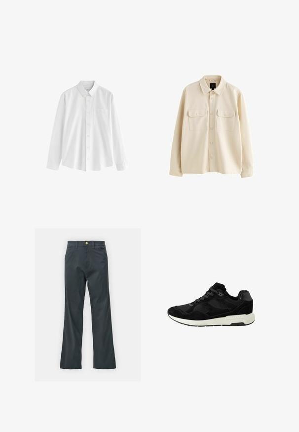 Bees värvi nööpidega särk, mis on valmistatud pehmest kangast, kollane krae, kaks rinnataskut klappidega ja pikad varrukad.; Valge pika varrukaga puuvillane särk, millel on nööpidega krae, üks rinnatasku ja mugav lõige. Ees on väikesed nööbid.; Mustad püksid sirge säärega, valmistatud puuvillasegistuse kangast. Omavad metallist nööbiga sulgemist ja küljetaskuid. Ilma nähtavate mustriteta.; Must mustreeningust ja võrkkangast mustad sportlikud kingad, ümarate varvastega, nööbiga sulgemisega ja valge kummist talla tekstuursete aktsentidega.