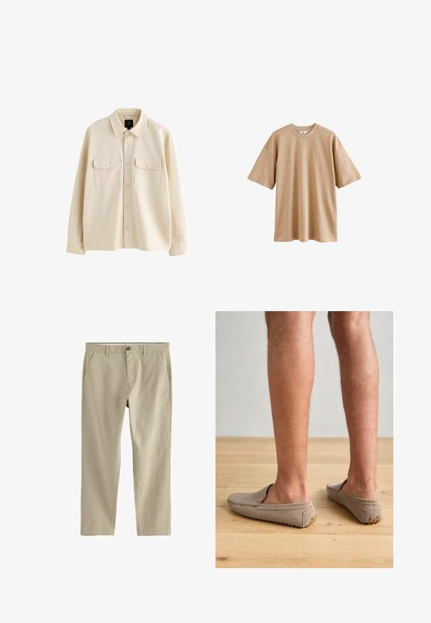 Camicia beige con bottoni realizzata in tessuto morbido, dotata di colletto, due tasche sul petto con pattina e maniche lunghe.; T-shirt beige a maniche corte in cotone con colletto rotondo e vestibilità rilassata, caratterizzata da una trama liscia e priva di motivi o dettagli decorativi.; Pantaloni beige a gamba dritta con passanti per cintura, due tasche laterali, chiusura frontale con bottone e cerniera.; Scarpe beige in suede senza lacci con punta arrotondata e cuciture decorative, dotate di suole in gomma testurizzata con piccoli accenti dorati.