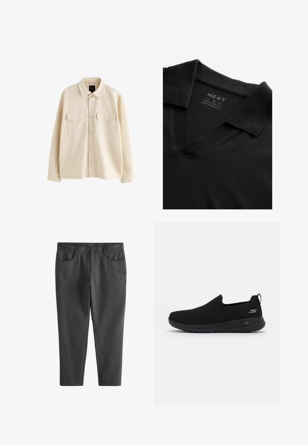 Világosbarna gombos ing, puha anyagból készült, gallérral, két mellzsebbel, fedéllel, és hosszú ujjakkal.; Fekete polo póló V-kivágással és texturált anyagból. Hajlított gallérral és márka- valamint méretinformációt tartalmazó címkével rendelkezik. Normál szabású.; Sötétszürke, karcsú szabású nadrág, texturált anyagból készült, gombos záródással, övbujtókkal és négy zsebbel rendelkezik.; Fekete slip-on sportcipő légáteresztő hálós felsőrésszel, kerek orral és párnázott gumitalppal. Az oldalon logó található.