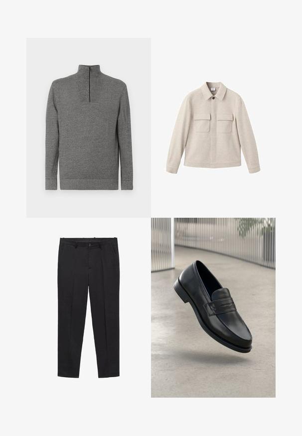 Bežna jakna iz mehkega materiala, z ovratnikom v obliki točke, sprednjim zadrgo in dvema žepoma na prsih s pokrovom.; Sivi pleteni pulover z dolgimi rokavi in četrt-zip visokim ovratnikom, prikazan ravno na beli podlagi.; Črne krojene hlače iz gladkega blaga, z ravnim sprednjim delom, pasom za pas, in stranskimi žepi. Natančno krojen naravnost rez.; Črni usnjeni loafer z gladko teksturo, zašiljenim prstom in okrasnim trakom čez nart. Lahka podplat, minimalističen dizajn.