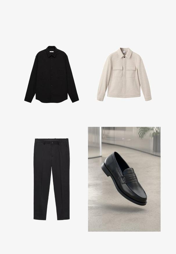 Veste beige en tissu doux, dotée d'un col pointu, d'une fermeture éclair sur le devant et de deux poches poitrine à rabat.; Chemise noire à manches longues avec une texture froissée, dotée d'un col pointu, d'une fermeture à boutons sur le devant et d'une poche sur la poitrine.; T-shirt en coton blanc avec des manches courtes, un col rond, une coupe décontractée et sans logos ni motifs visibles. Texture lisse et design minimaliste.; Pantalon noir ajusté en tissu lisse, avec une taille plate, des passants de ceinture et des poches latérales. Design à jambe droite.; Mocassin en cuir noir à texture lisse, bout pointu et bande décorative sur le cou-de-pied. Semelle légère, design minimaliste.